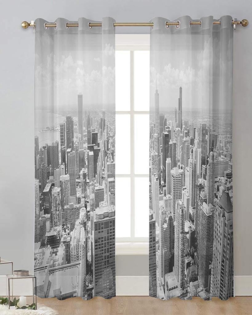 Chicago City Skyline Silhouette Landscape Sheer Curtains for Living Room Decoration Window Curtains Kitchen Tulle Voile Curtains