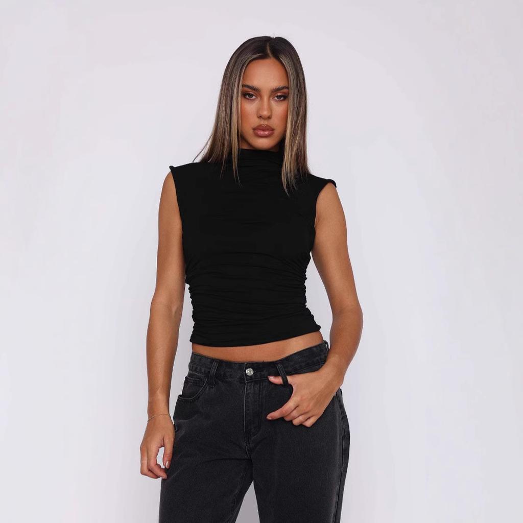 Summer Women's Half High Neck Solid Colour Slim Sleeveless Hottie Style Hundred Tank Top