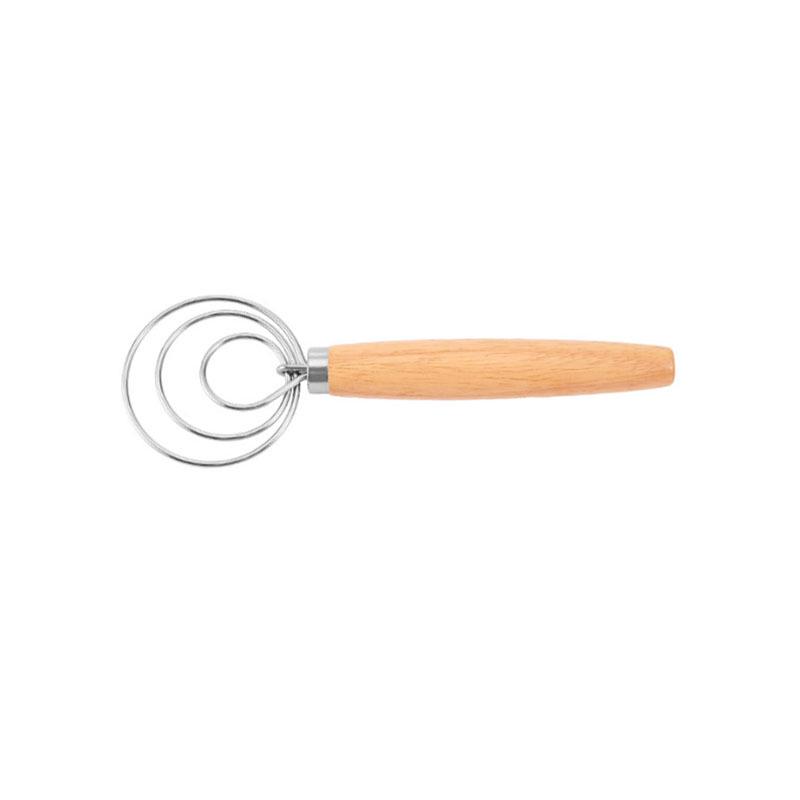 13" Oak Handle Danish Dough Mixer & Egg Beater - Stainless Steel Whisk Tool