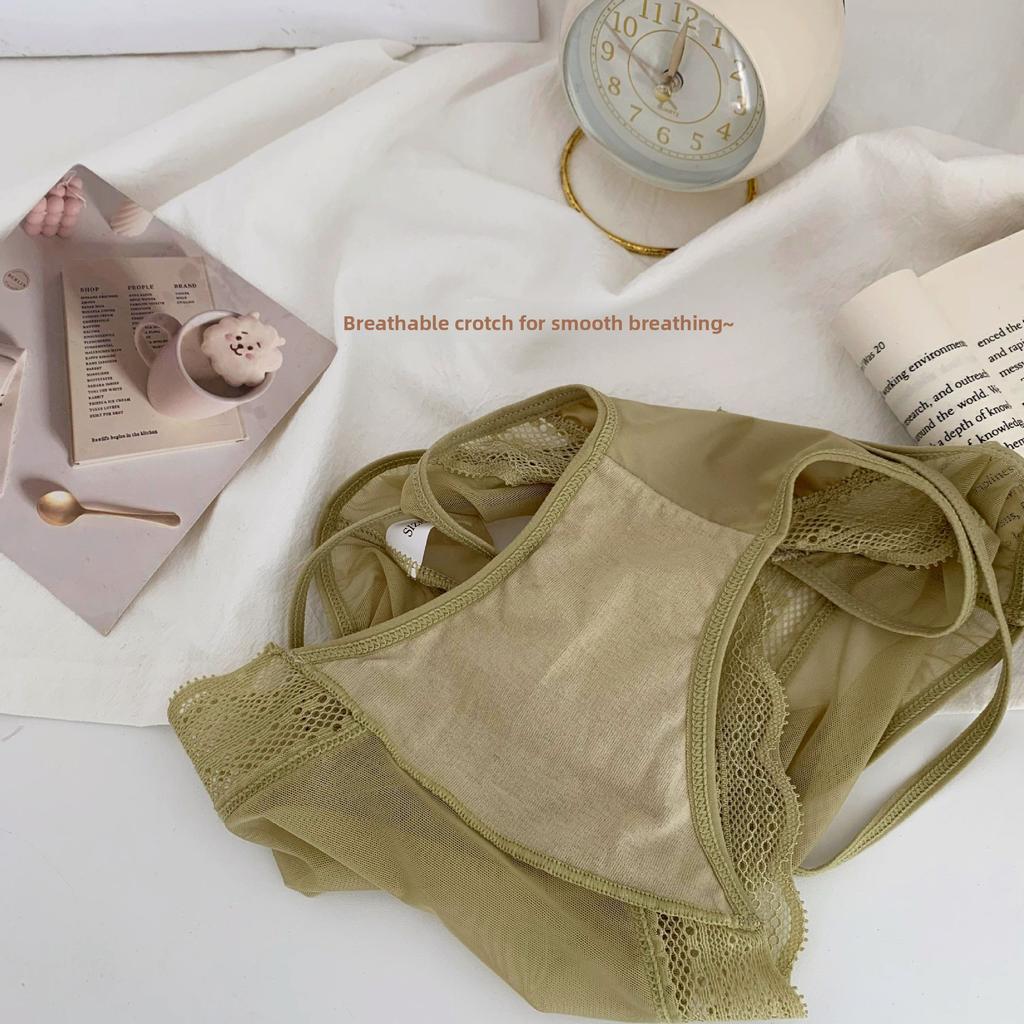 Ladies Spring and Autumn Sexy Lace Cross Strap Breathable Mesh Cotton Crotch Panties