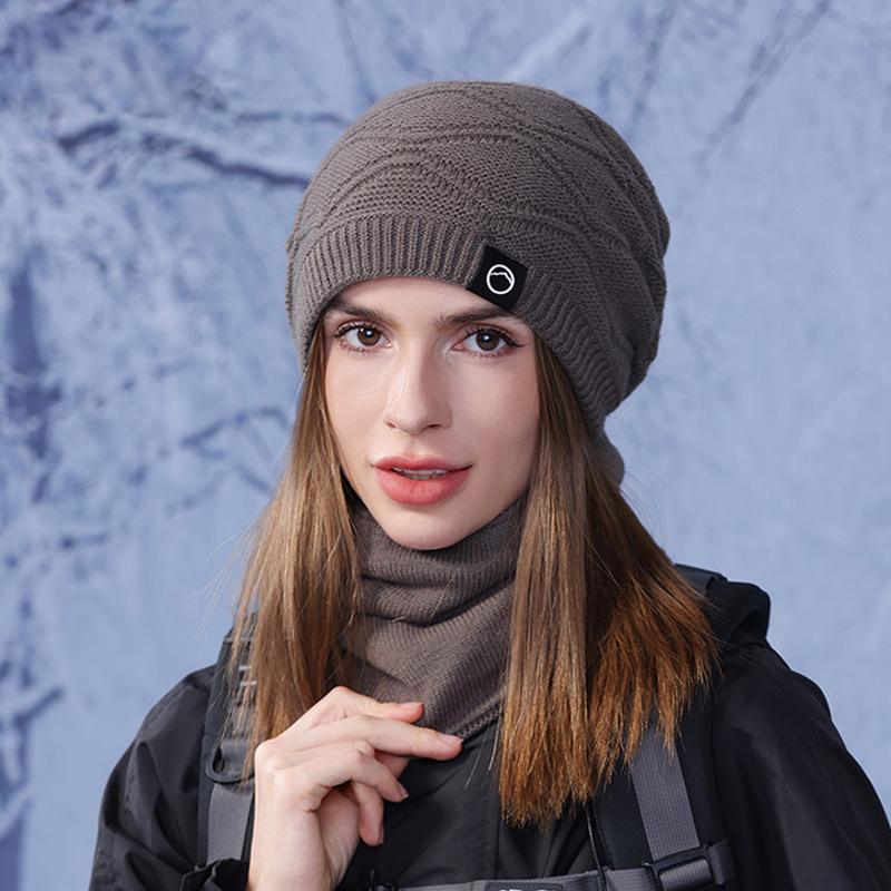 Vinterlue Skjerf Todelt Sett Dame Utendørs Fløyel Varm Øreklaffer Strikket Ullue
