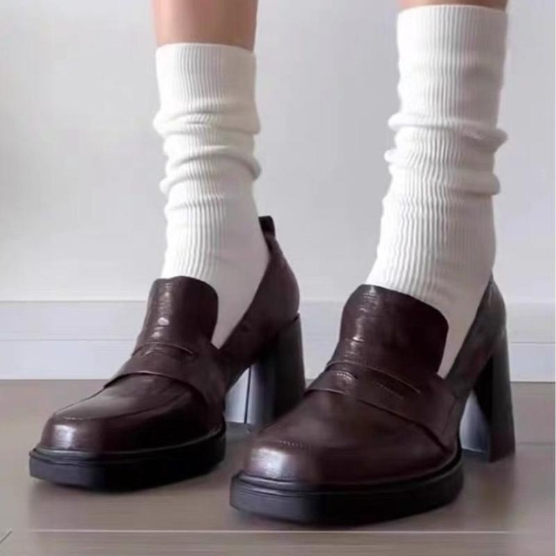 New Retro Vintage Mary Jane Loafers for Women Chunky Heel Thick Sole Square Toe Shoes British Style Women's Loafers