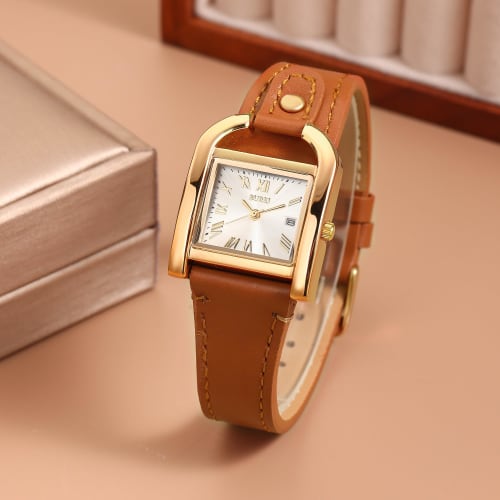 BUREI Women's Watch, Stylish, Simple, Cute, Quartz, Waterproof, Analog, Gold Square Dial, Roman Numerals, Brown Leather Strap, Commuter, Business, Cas
