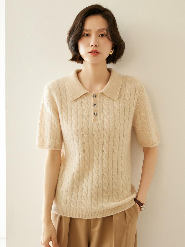 Women's Cable Knit Cashmere Short Sleeve Polo Sweater