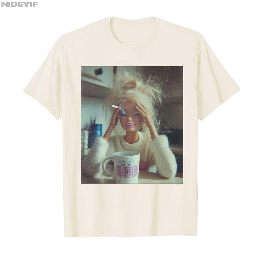 Funny Distressed Doll Face Meme Smoking Sarcastic Humor Gift Tshirt for Unisex Women Cotton T Shirts Short Sleeve Tops