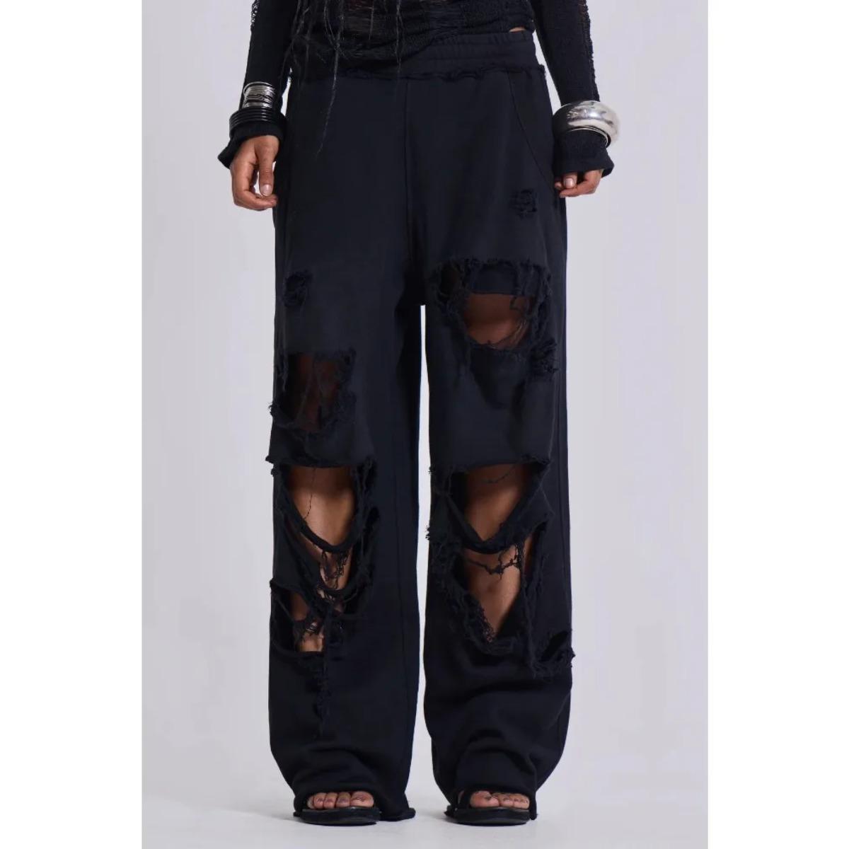 

Gray Ripped Women Pants Y2k Jogging Wide Leg American Retro Hip Hop Sweatpants Oversized Baggy Casual Streetwear Summer L чорний