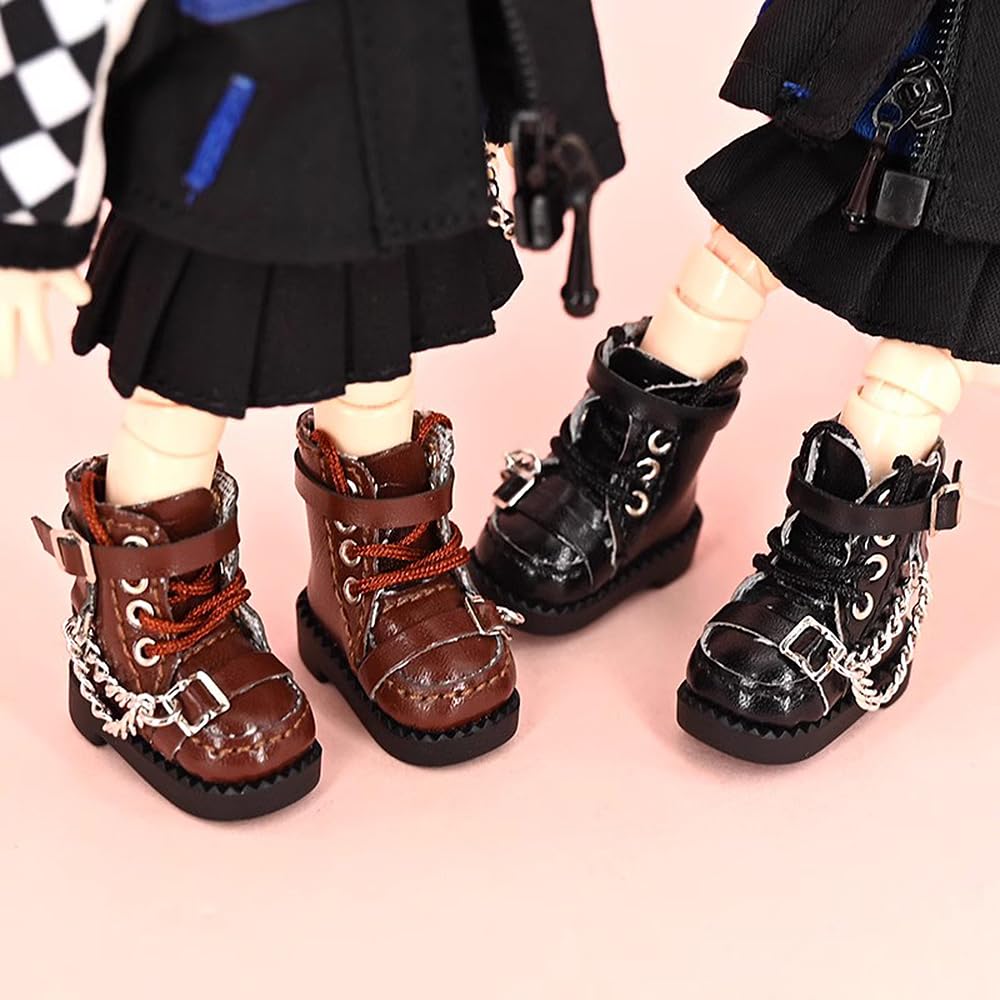 ISHR Obitsu 11 OB11 Doll Body Shoes Boots Motorcycle Boots with Strap and Chain 3 Colors Black