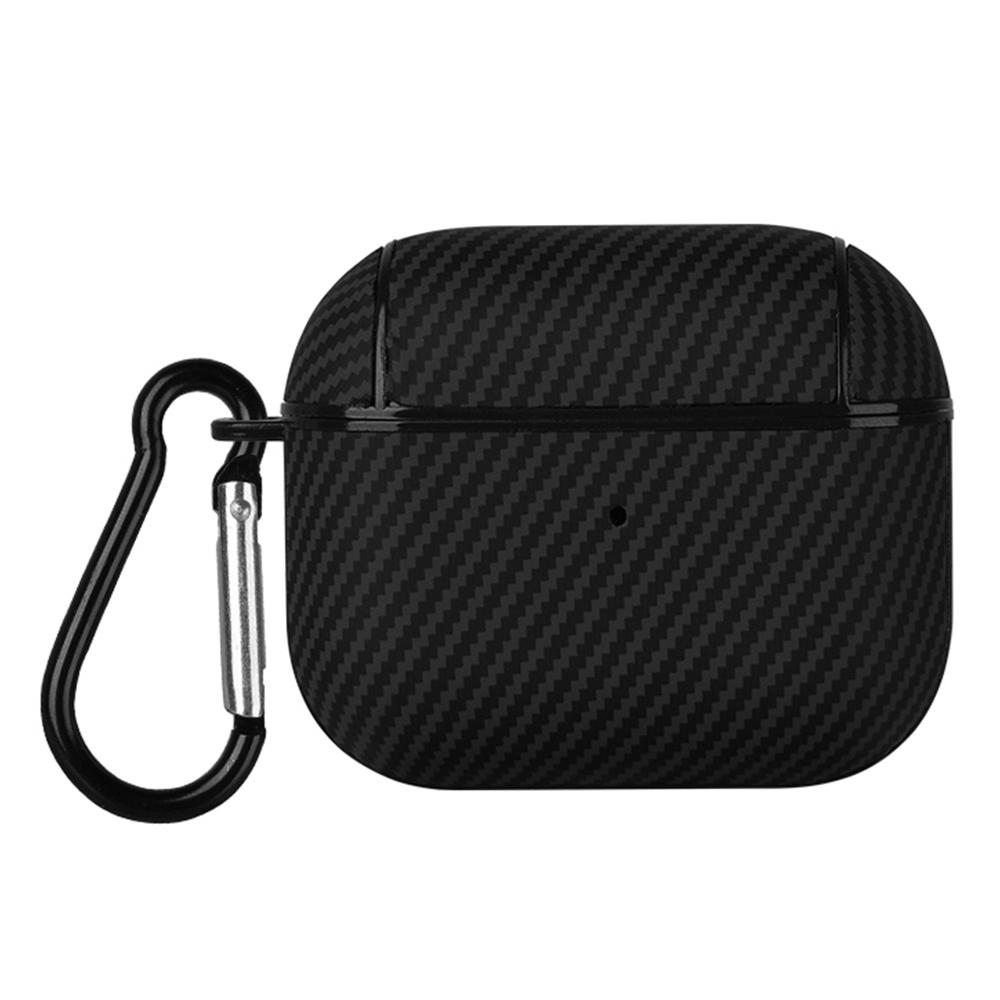 For Apple AirPods 3 Protective Cover Carbon Fiber Texture Earbuds PU Leather PC Hard Case with Hook