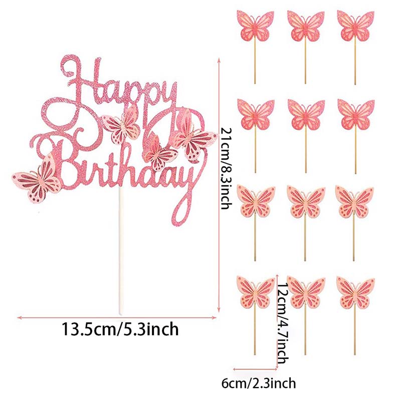 13 Stück Rosa Schmetterling Kuchen Topper Happy Birthday Kuchen Topper 3D Schmetterlingsdekorationen für Mädchen Shower Geburtstagstortendekorationen
