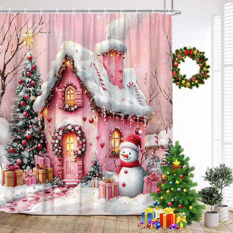 Cute Blue Snowman Shower Curtains Winter Forest Cedar Snow Mountain New Year Christmas Home Bathroom Curtain Decor With Hooks