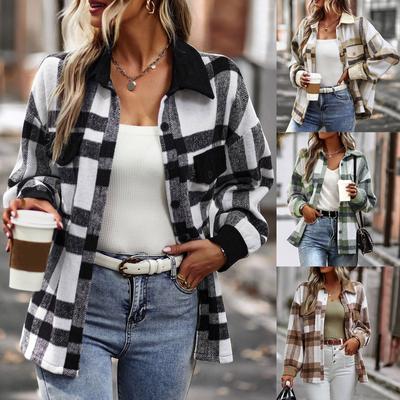 Women's Fashion Plaid Long Sleeve Loose Casual Fall And Winter Tops Jacket