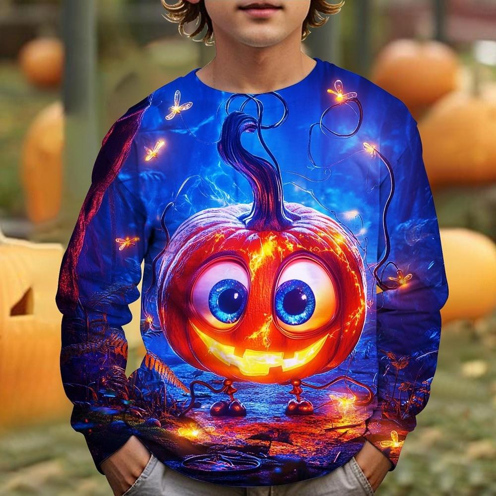 Kid Long Sleeves T-Shirt Fashionable Creativity Halloween Pumpkin Graphic Print Autumn Casual Sports Versatile Comfortable Loose T-Shirt