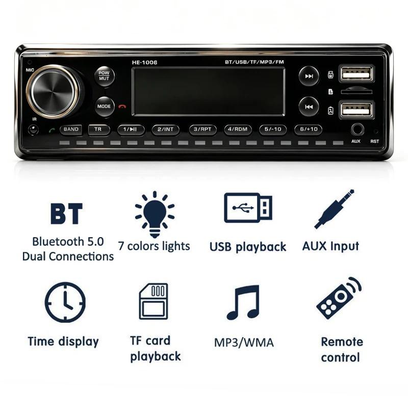 New Multifunctional 1 DIN Car Radio Bluetooth App Control USB MP3 Player TF Aux-in FM Receiver High Power 7 Color Lighting Head Unit with Fast Charge