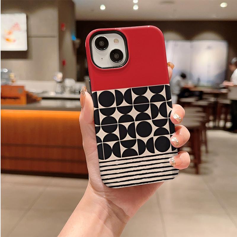Aesthetic Modern Retro Red Black Geometric Half Circle Striped Film Art Protective Shockproof Bumper Shell Phone Case For iPhone 14 15 16 Pro Max Plus