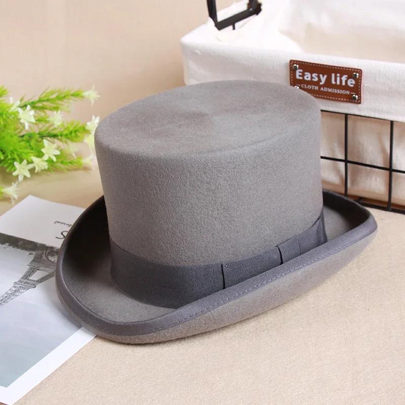 

Wool Flat Man Top Hat Fashion Fedora Hats Versatile Panama Magician Cap Gentleman Cylinder Strap Steampunk Unisex Elegant S (55cm) сірий колір