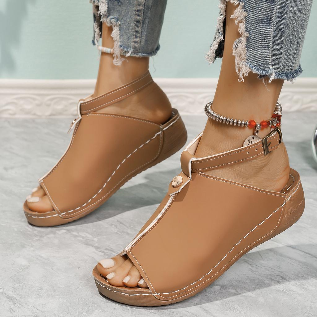 European and American Summer New European and American Fashion Fish Mouth Thick-soled Wedge Sandals Large Size One-word Buckle Strap Flat Sandals