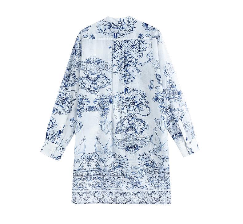 2026 Spring Women's Blue & White Porcelain Stand Collar Long Sleeve Shirt, Chinese Style, Slim Fit, Pure Cotton