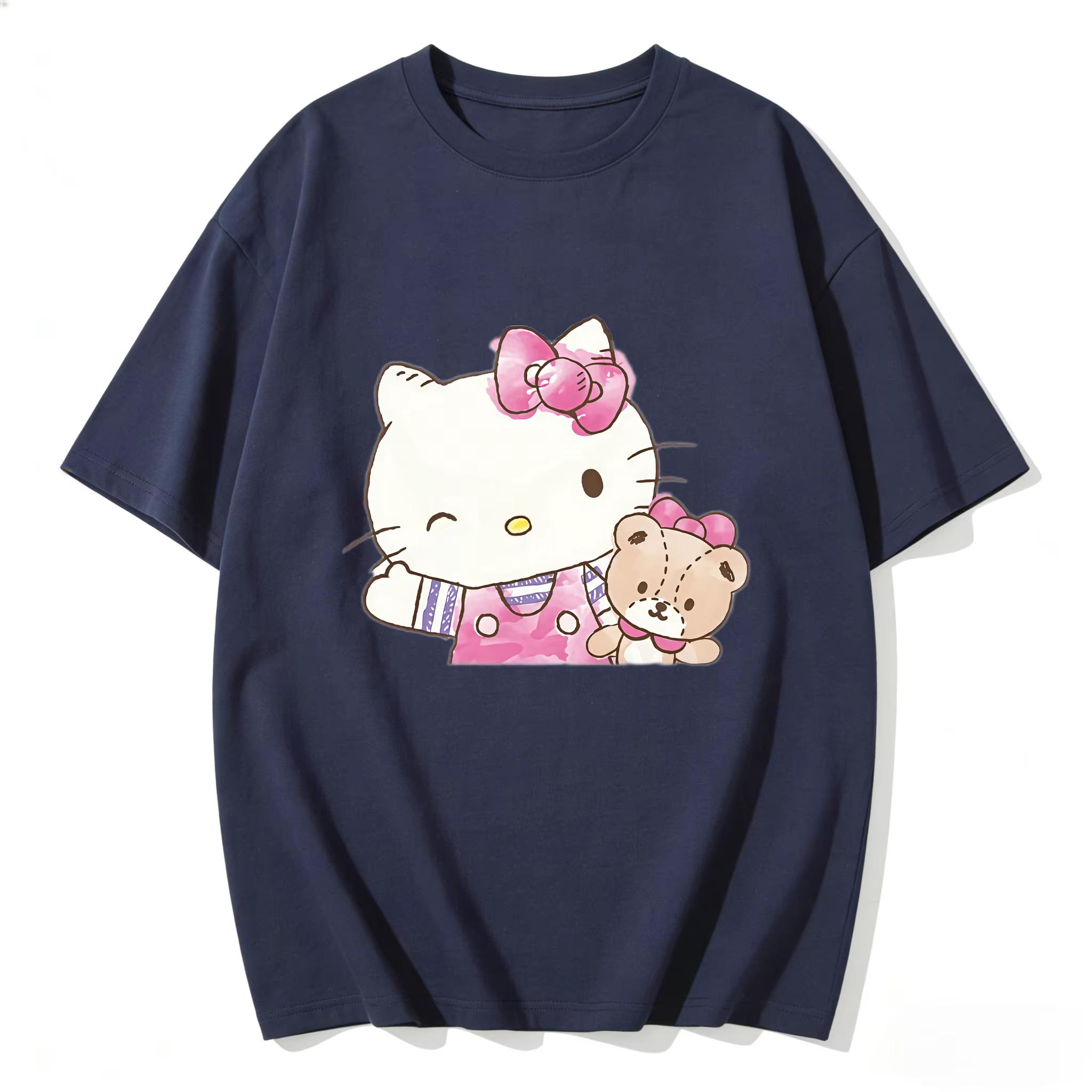 

2026 New Hello Kitty Teddy Bear Watercolor Cartoon Print Tshirt Family Comfortable summer loose Tshirt for Women S