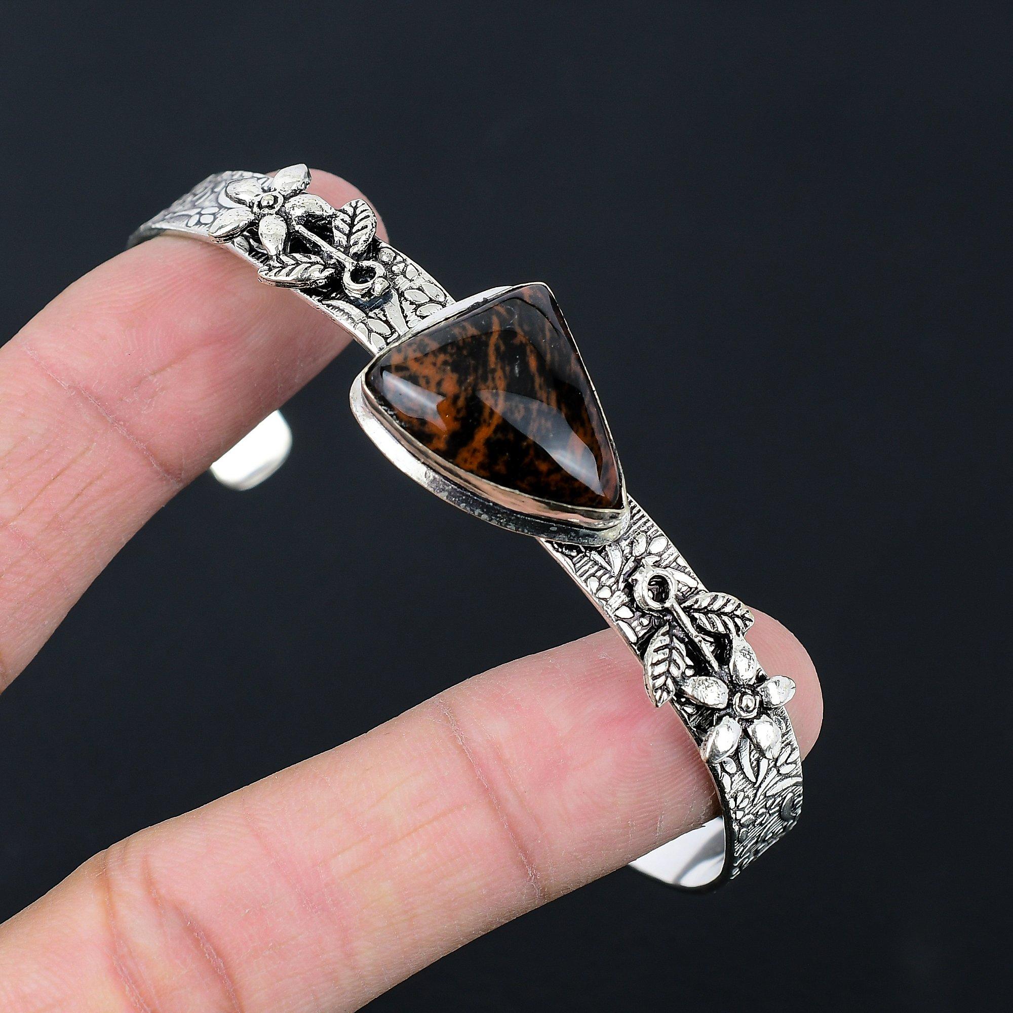 

Natural Mahogany Obsidian Sister Flower Root Chakra Bangle 925 Sterling Silver Adjustable
