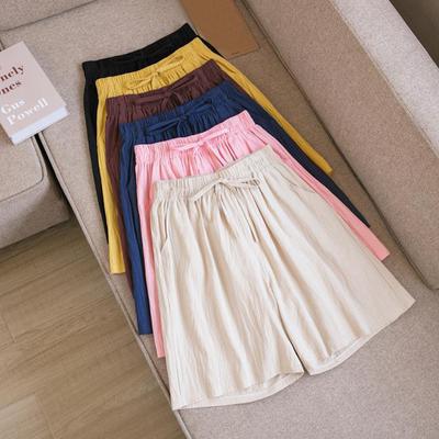 Women Solid Color Elastic Waist Shorts Drawstring Wide Leg Pants Summer Cotton Linen Beach Shorts