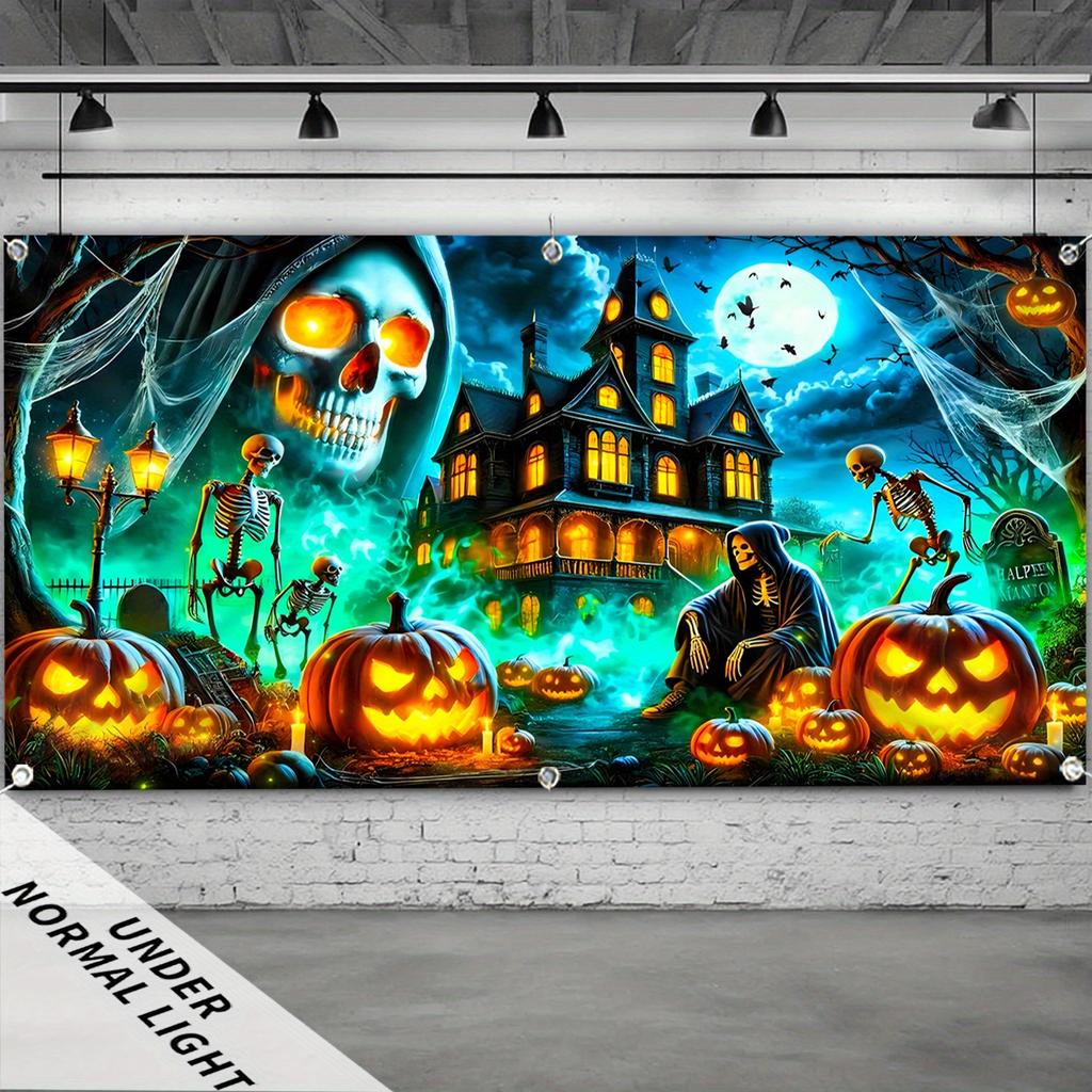 2D Door Banner 2D Flat Gothic Moonlight Skull Castle - UV Glowing Halloween Garage Door Banner