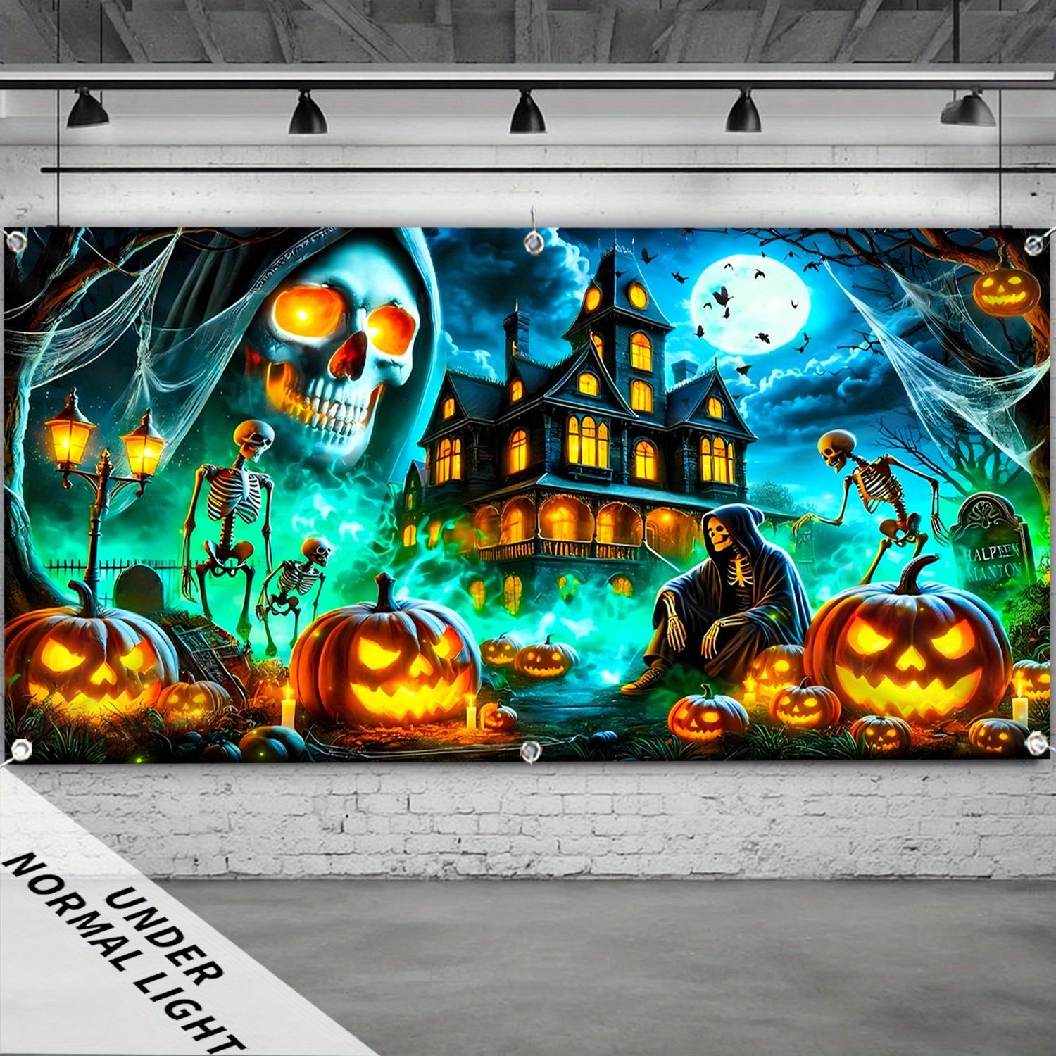 2D Door Banner 2D Flat Gothic Moonlight Skull Castle - UV Glowing Halloween Garage Door Banner 150X100