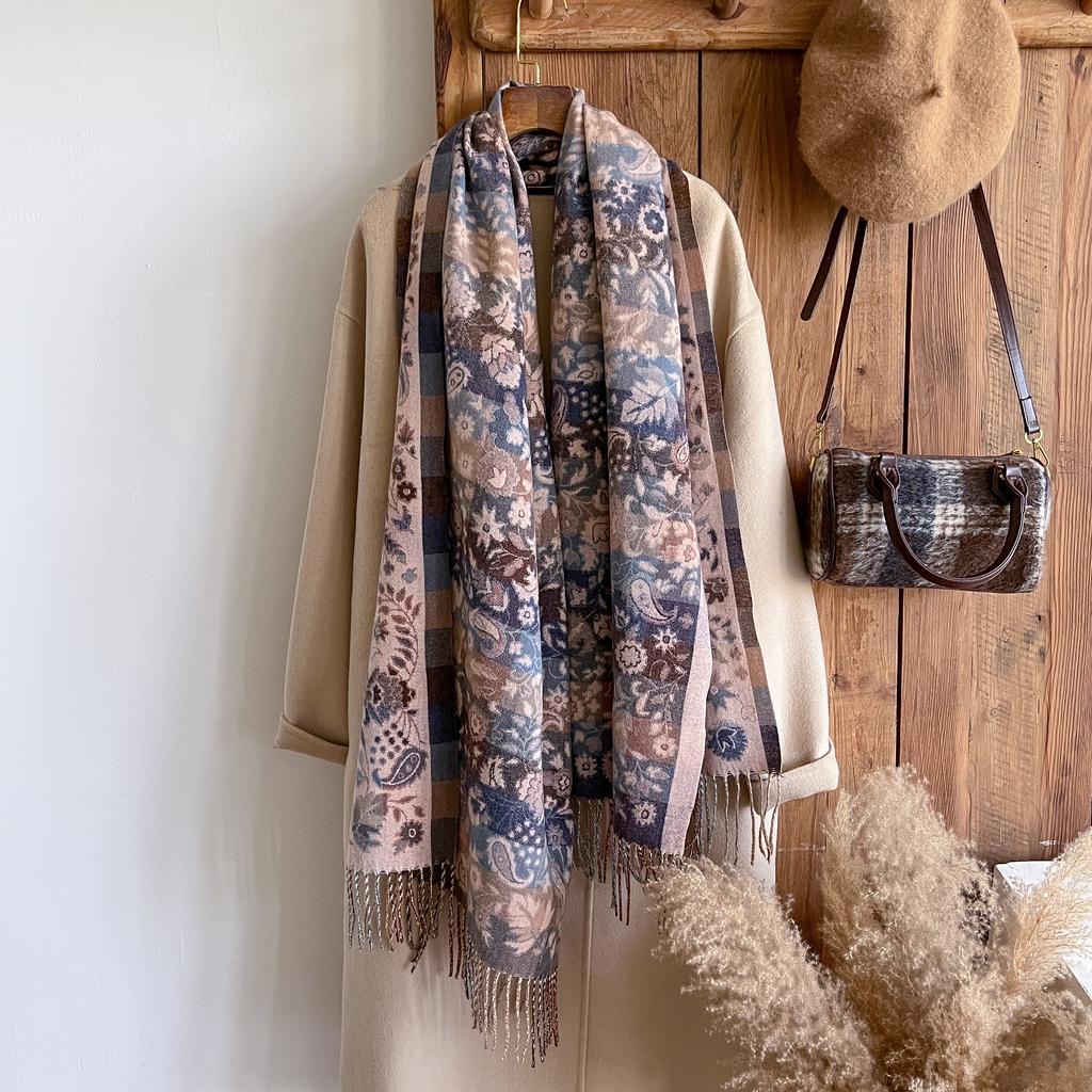 Women Winter Fashionable Tassel Shawl Thickened Imitation Cashmere Scarves Ethnic Style Warm Blanket Cape Headscarf Scarf