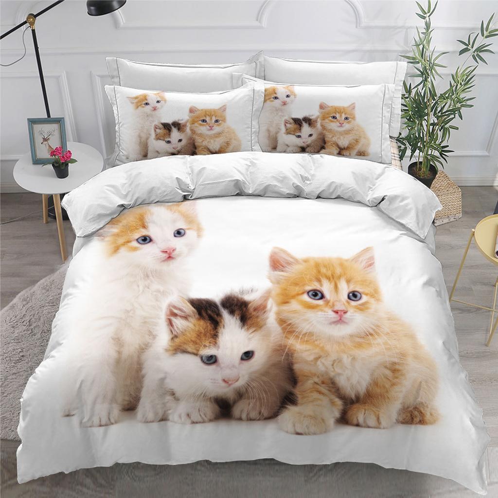 3D Cat Duvet Cover Set Luxury Cute Kawaii Animal with Pillowcase Queen King Full Size Polyester Bedding Set for Kids Boys Girls