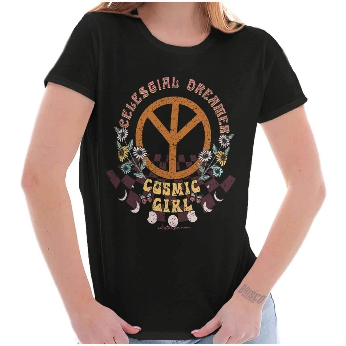 Cosmic Girl Celestial Dreaming Peace Sign Graphic T Shirts for Women T-Shirts XXXXL