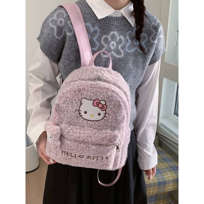 Cute Cartoon Hello Kitty Cat Backpack With Leopard Print Pu Material For Daily Use And Storage
