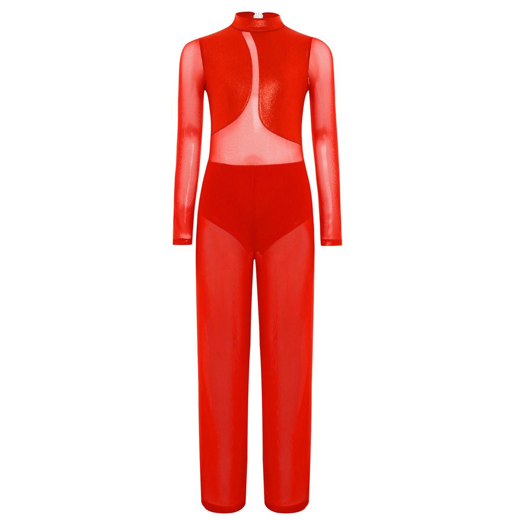 Girls Gymnastics Performance Costume Sheer Mesh Patchwork Wide Leg Metallic Long Sleeve Jumpsuit