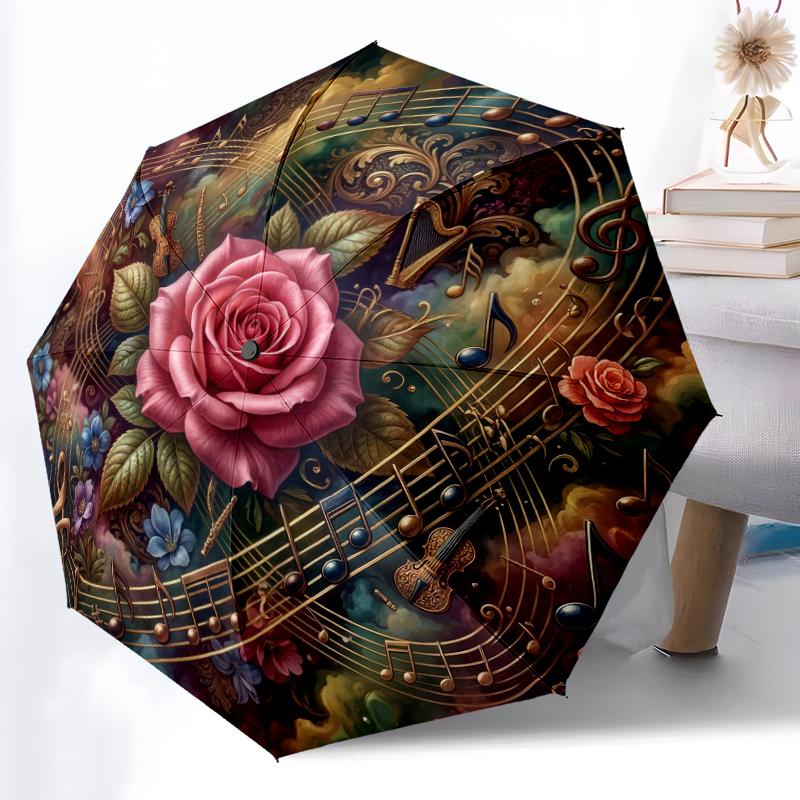 1pc Sturdy 8-Bone Auto Umbrella, Dewy Red Rose Umbrella, Digital Printed, Foldable Umbrella for On-the-Go Outdoor Use