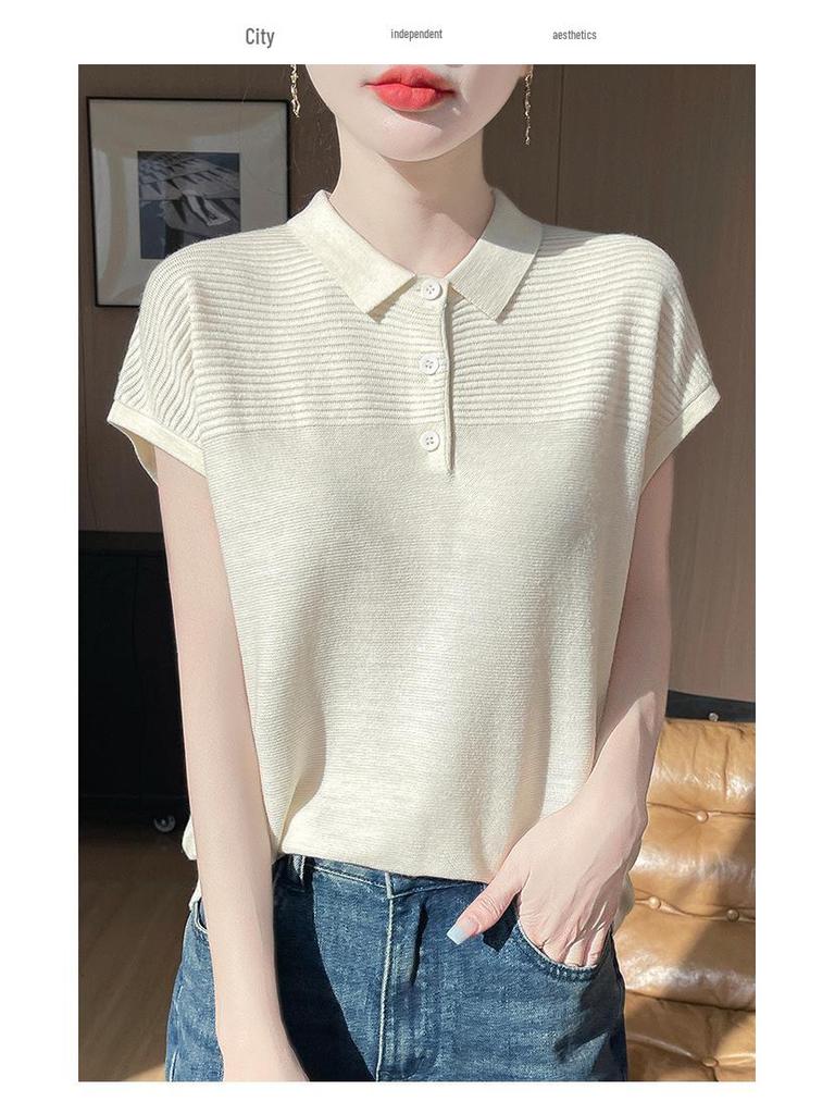 Women's Polo Collar Wool Knit Short Sleeve Casual T-Shirt for Spring/Summer