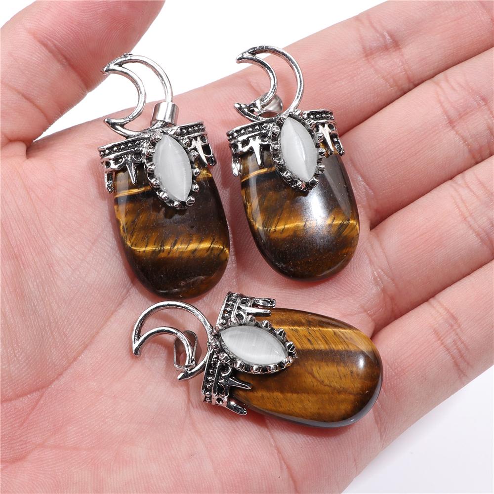 1pc Moon, tribal style pendant, natural stone,Tiger Eye,Jades,Crystal Stone Fashion Pendant Charm For Jewelry Making 26*52MM