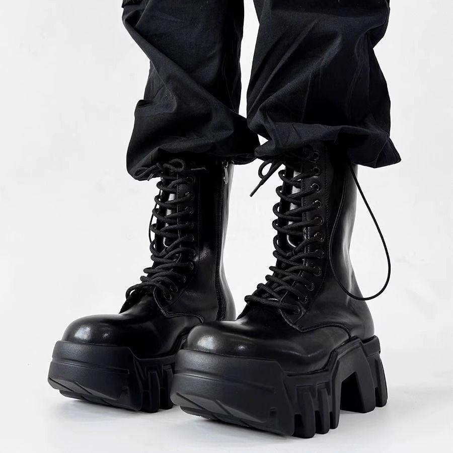 Nástrojové vysoké pánské a dámské platformové tankové boty s dlouhým tubusem, přílivové, s velkou hlavou, vnitřním zvýšením, lokomotivní buldozerky