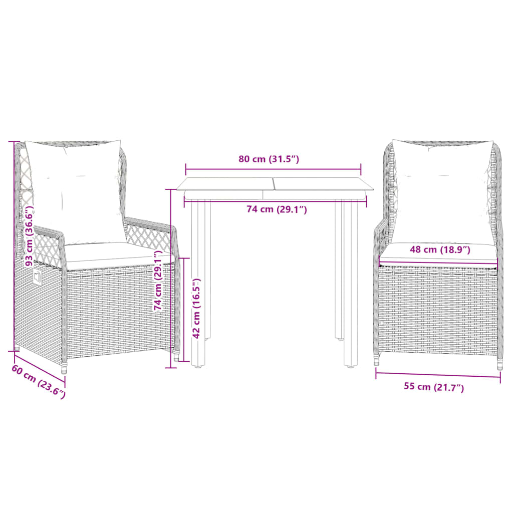 Vidaxl 3-Cz. Garden Furniture Set With Cushions, Grey Rattan Pe