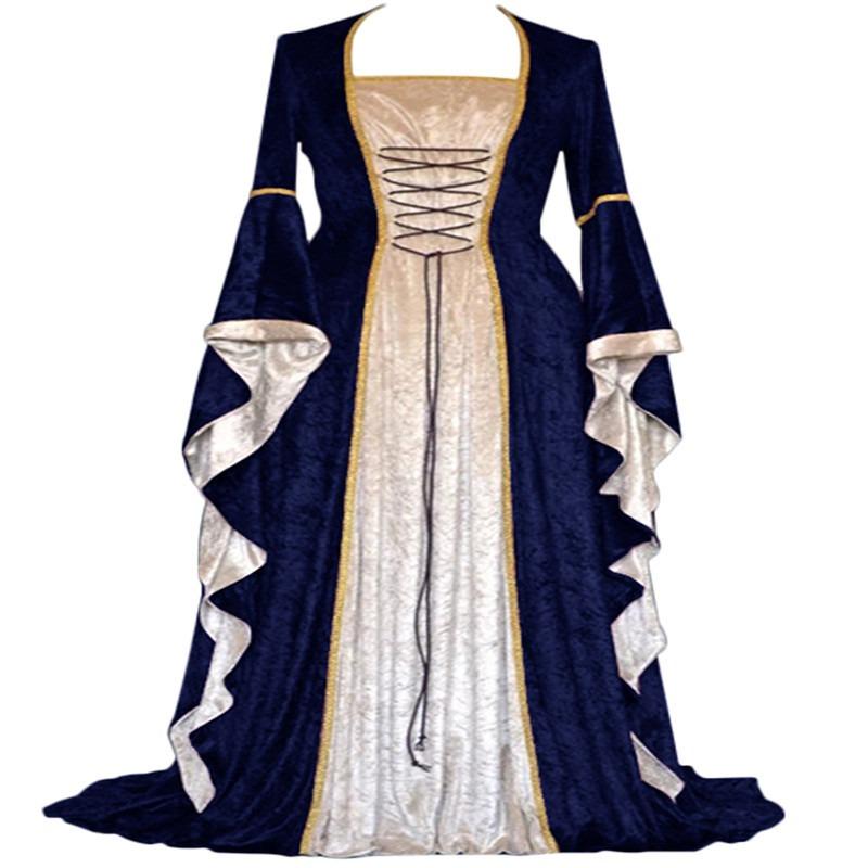 European and American Style Gold Velvet Lap-up Trumpet Sleeves Vintage Medieval Long Dress Dress