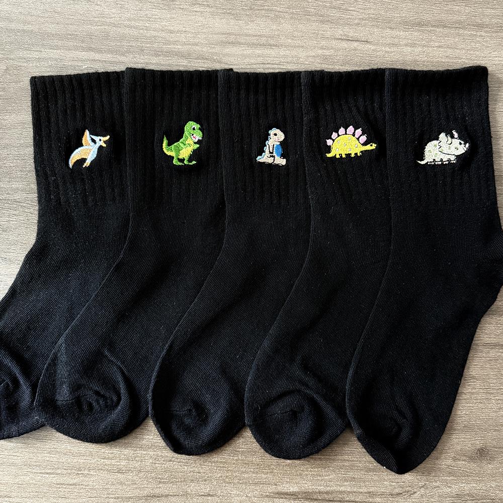 5 Pairs/Pack Cute Women Embroidery Dinosaur Socks White Lovely Cartoon Animal Vintage Shortnovelty Crazy Funny Cozy Socks