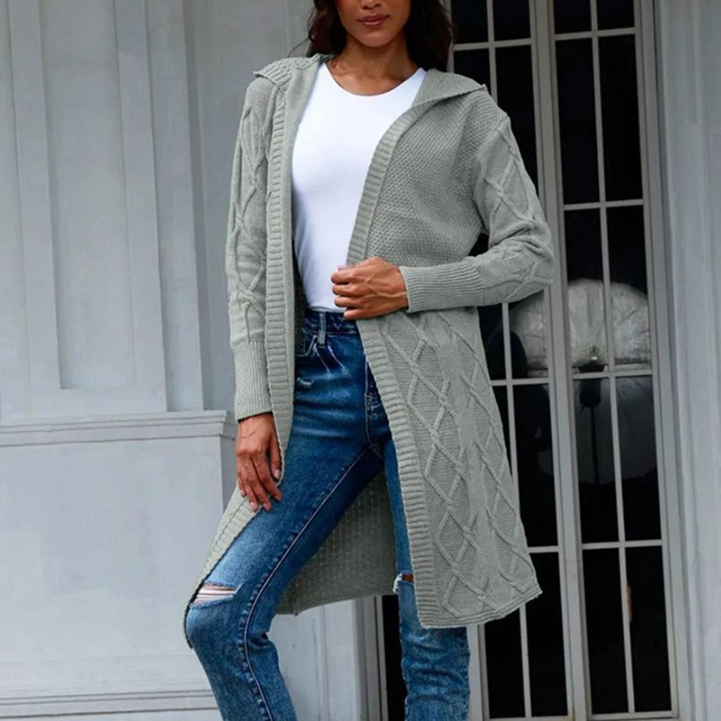 Women's Loose Knitted Mid-length Hooded Cardigan Cable Coat