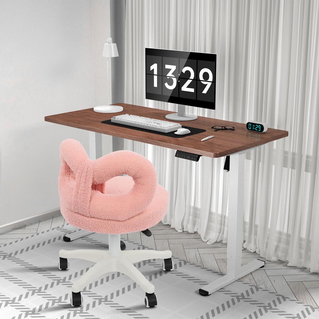 Pink Lamb Fur Swivel Chair, Bow Backrest, Adjustable Rolling Makeup Vanity Chair, Height 37-47cm, Soft Plush Office Desk Chair