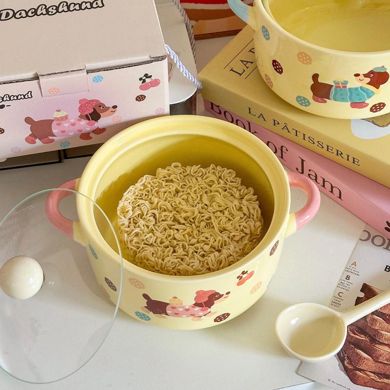 Ins süßer Wurstwelpe Keramik Instant-Nudel-Schüssel mit Deckel binaurale Schneckenpulver-Schüssel Geburtstagsgeschenk für Mädchen Souvenir