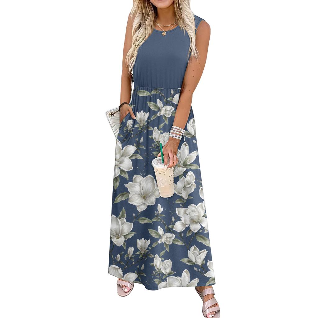 Sleeveless Floral Print Maxi Dress for Women Casual Waist Defined Long Dress Lightweight Summer Style Crew Neck