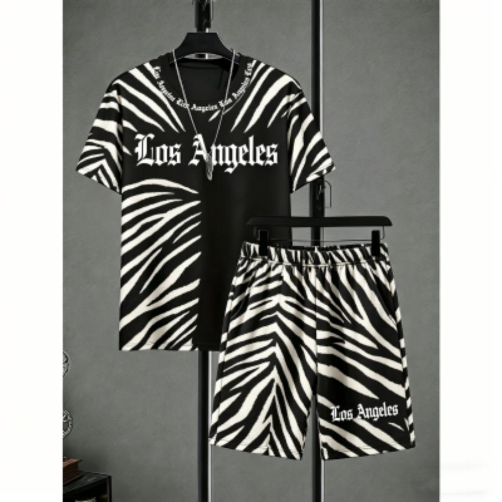 Fashion Men's Set Letter Zebra Stripe Colorful Printed Men's T-shirt and Shorts 2 Piece Set Summer Casual Outdoor Men's and Women's T-shirt Sets