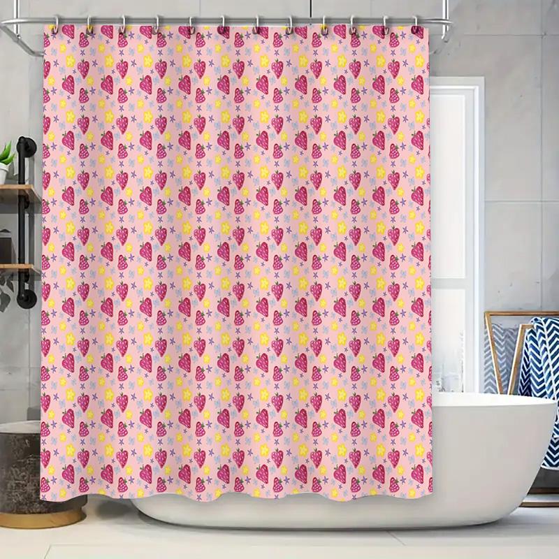 

Cute Pink Strawberry Floral Shower Curtain Waterproof Farmhouse Bathroom Decor Set W60H190(CM)-1 Pcs