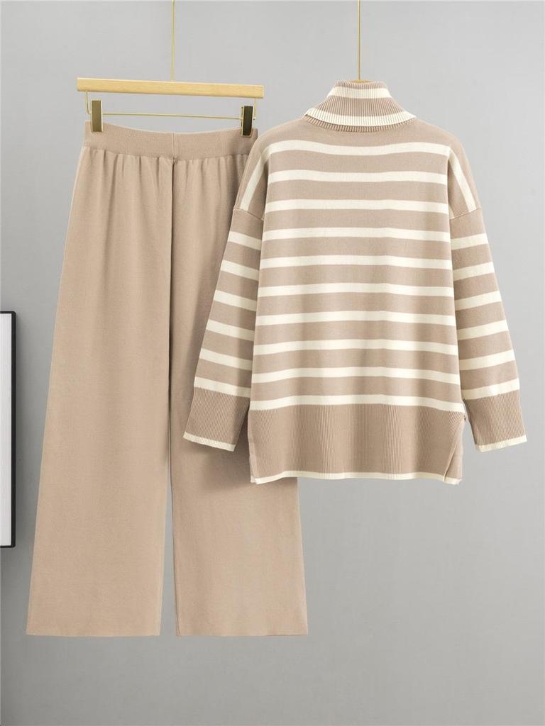 Women's Striped Knit Sweater & Wide-Leg Pants Casual Two-Piece Set for Autumn/Winter