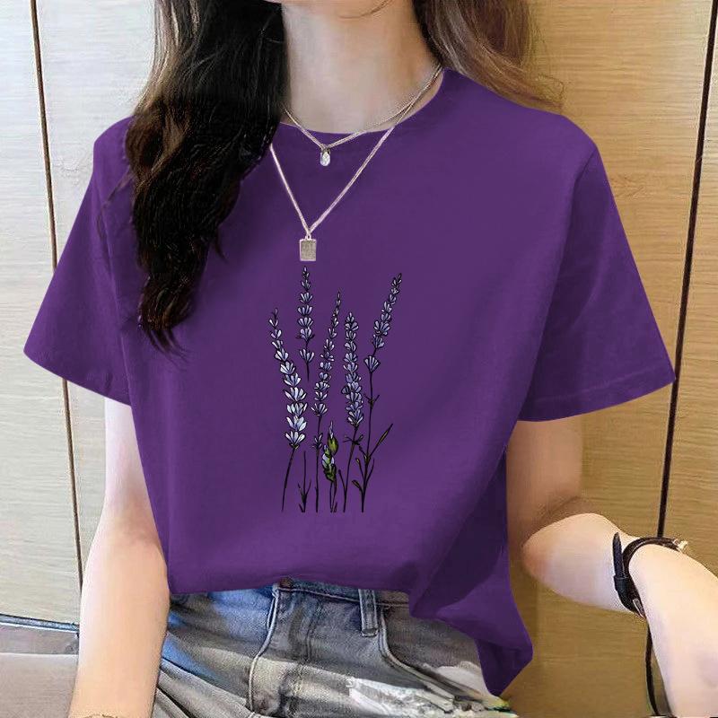 2025 Summer Loose Women's T-Shirt High Quality Lavender Pattern Printed Short Sleeve Women's Short Sleeve T-Shirt CCXX183