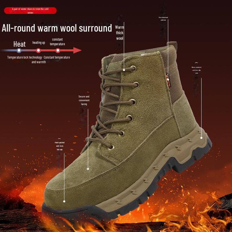 Men's Thickened Cowhide Snow Boots - Wool-Lined, Cold-Proof, High-Top Winter Cotton Martin Boots