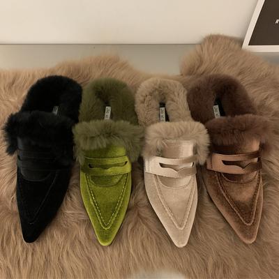 Mode Damen Luxus Samt Pantoletten Spitzschuh Slipper Pelzsandalen Damen Markendesign Outdoor Pelzige Slides Abendparty Schuhe mit Absatz