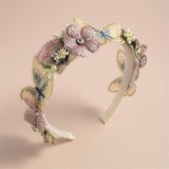 Soft Yarn Headband with Gauze Flowers Faux Pearls Decor Romantic Style Elastic Crown Hairband Parties Weddings Daily Wear