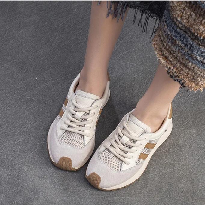 Johnature Sports Casual Women's Shoes Breathable Mesh Splicing Genuine Leather Lace Up Comfortable Sneakers
